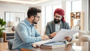 اجتماع بين العميل ومعلم الترميمات لمناقشة تفاصيل المشروع