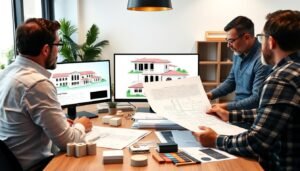 اجتماع تخطيط لبناء منازل بين مالك المشروع والمهندس والمقاول