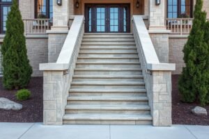 سلم خارجي خرساني مع تشطيب حجري في مدخل منزل فخم