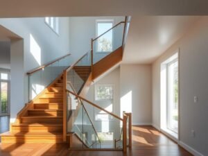 سلم داخلي خشبي أنيق في منزل عصري مع درابزين زجاجي