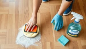 شخص يقوم بتنظيف وتلميع أرضية باركيه خشبية باستخدام أدوات مناسبة