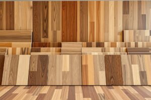 عرض لأنواع مختلفة من الباركيه الخشبي بألوان وتصاميم متنوعة مرتبة بشكل منظم