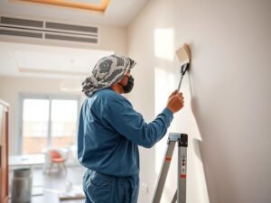 عملية دهان وتشطيب الجدران بواسطة معلم ترميمات متخصص عملية دهان وتشطيب الجدران بواسطة معلم ترميمات متخصص