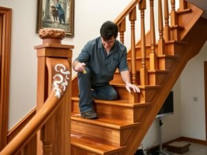 عملية صيانة وتنظيف سلم خشبي في منزل