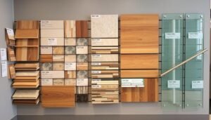 عينات من مواد مختلفة لبناء السلالم معروضة بشكل منظم