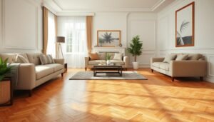 غرفة معيشة أنيقة مع أرضية باركيه خشبية مركبة بشكل احترافي تعكس الإضاءة الطبيعية