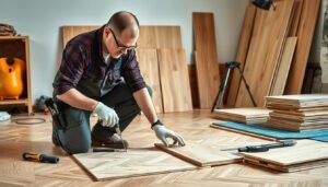 فني باركيه محترف يقوم بفحص جودة ألواح الباركيه قبل التركيب