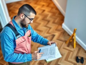 فني باركيه يقوم بمعاينة الموقع وقياس المساحة قبل تقديم عرض السعر