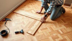 فني محترف يقوم بتركيب ألواح الباركيه الخشبية على أرضية معدة مسبقًا