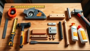 مجموعة من الأدوات المستخدمة في تركيب الباركيه مرتبة بشكل منظم على طاولة عمل