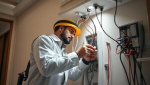 معلم ترميمات يقوم بإصلاح تمديدات كهربائية في منزل سعودي معلم ترميمات يقوم بإصلاح تمديدات كهربائية في منزل سعودي