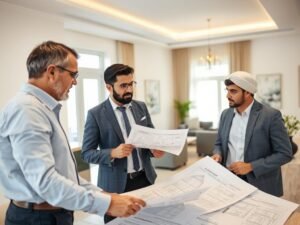 معلم ترميمات يناقش خطة العمل مع العميل في منزل بالكويت