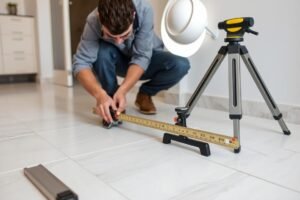 معلم سيراميك في الكويت يستخدم أدوات قياس دقيقة لضمان جودة العمل