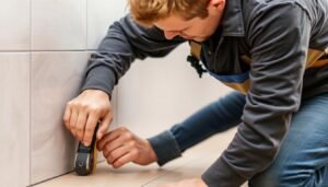 معلم سيراميك محترف يقوم بتركيب بلاط بدقة عالية
