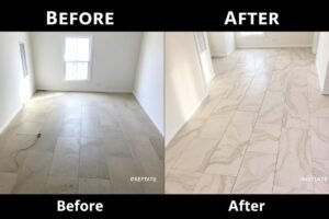 مقارنة بين غرفة قبل وبعد تركيب أعمال البلاط