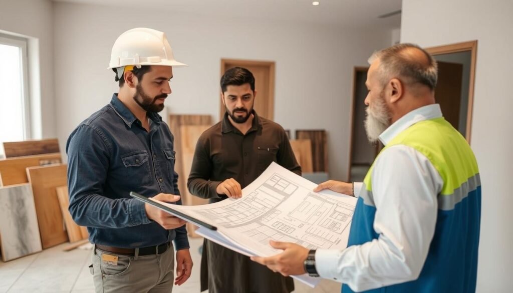 مقاول تشطيب يشرح خطة العمل للعميل باستخدام المخططات مقاول تشطيب يشرح خطة العمل للعميل باستخدام المخططات