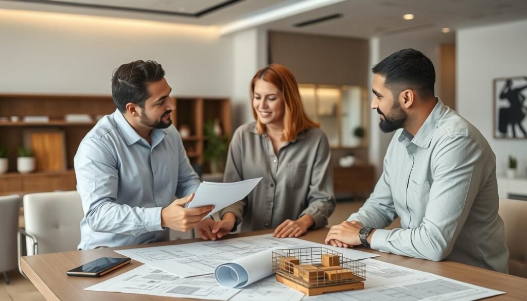 مقاول تشطيب يناقش خطط التصميم مع العميل ويعرض عينات من المواد مقاول تشطيب يناقش خطط التصميم مع العميل ويعرض عينات من المواد