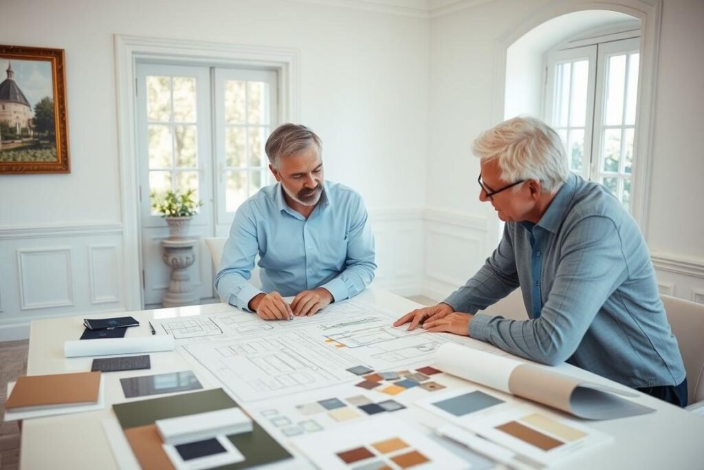 مهندس ومالك فيلا يناقشان خطة ترميم مع رسومات ومخططات مهندس ومالك فيلا يناقشان خطة ترميم مع رسومات ومخططات