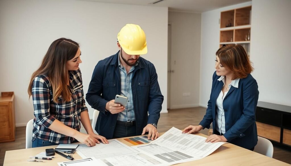 مهندس ومقاول يناقشان خطة تشطيب شقق مع العميل