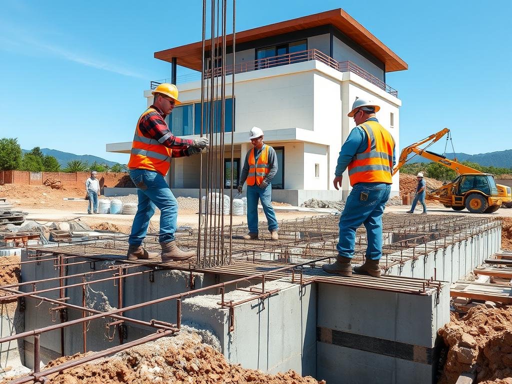 أعمال الأساسات والهيكل الإنشائي لبناء فيلا