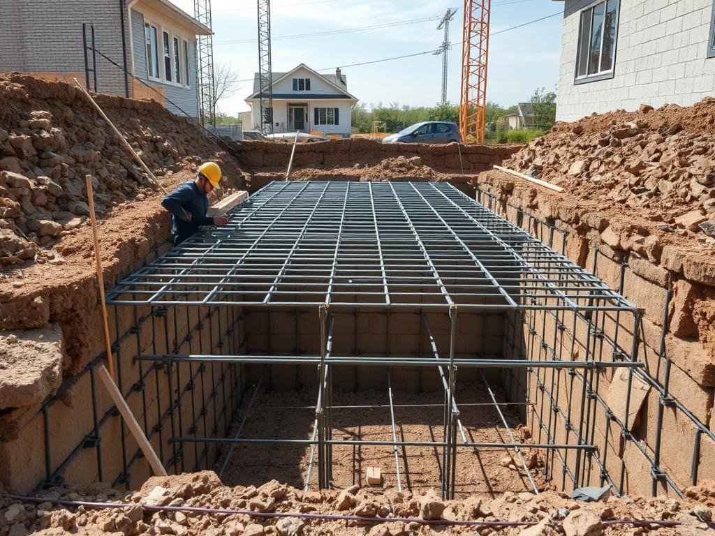 أعمال تنفيذ الأساسات والقواعد الخرسانية لمشروع سكني مع عمال يقومون بتجهيز حديد التسليح