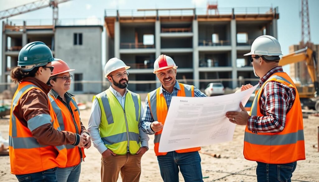 إدارة مشروع مقاولات عامة - اجتماع فريق العمل في موقع البناء