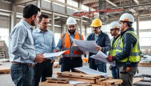 إدارة مشروع مقاولات عامة تظهر التنسيق بين مختلف فرق العمل