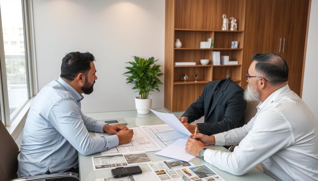 اجتماع استشاري بين عميل ومقاول بناء لمناقشة تفاصيل المشروع