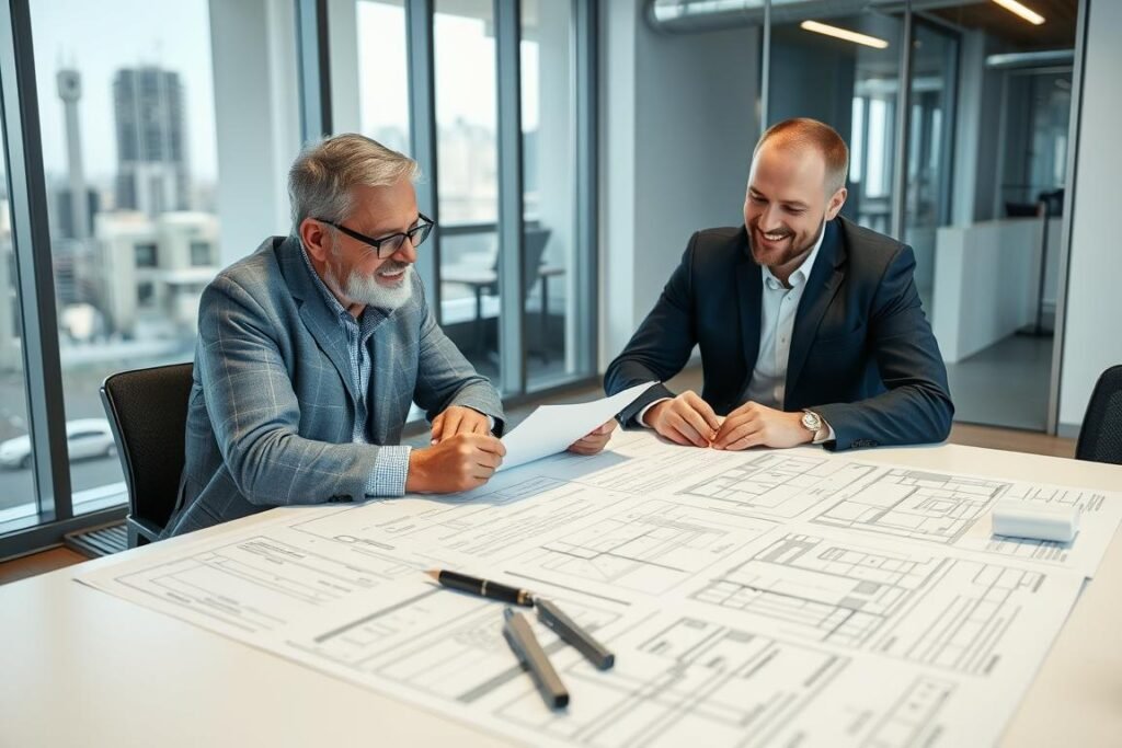 اجتماع بين صاحب المشروع ومقاول البناء لمناقشة تفاصيل العقد والاتفاق