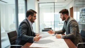 اجتماع بين صاحب مشروع ومقاول بناء لمناقشة تفاصيل المشروع