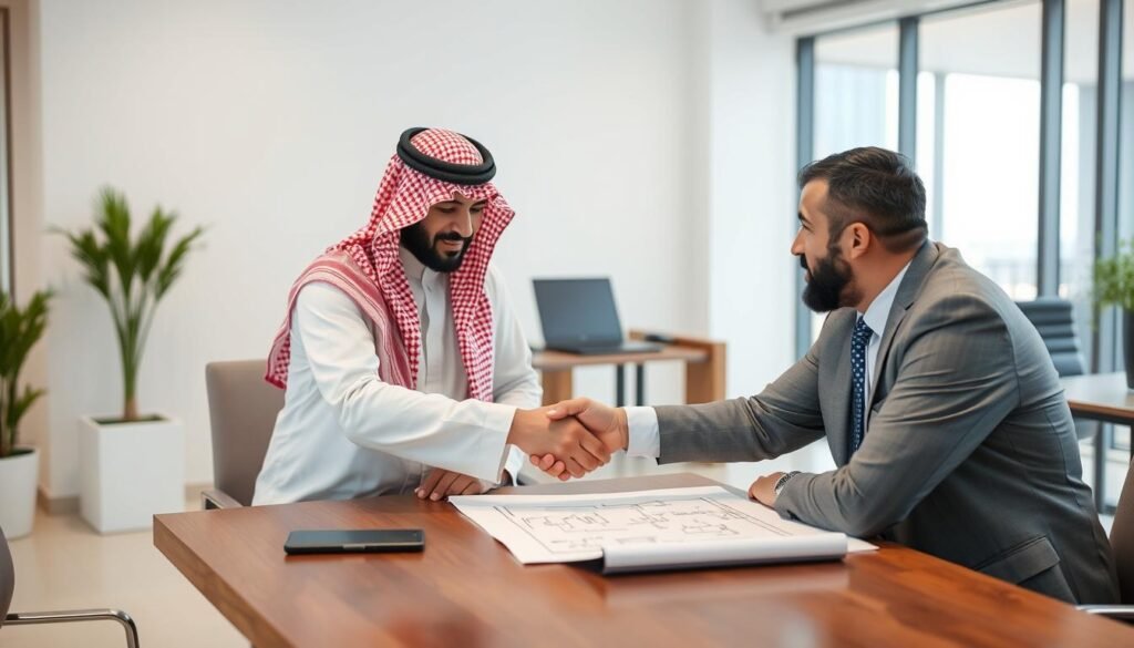 اجتماع بين مالك المشروع والمقاول العام لمناقشة تفاصيل المشروع