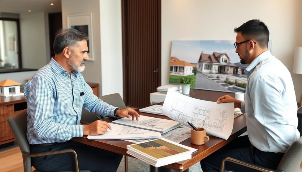 اجتماع بين مالك المشروع ومقاول بناء فلل لمناقشة تفاصيل المشروع