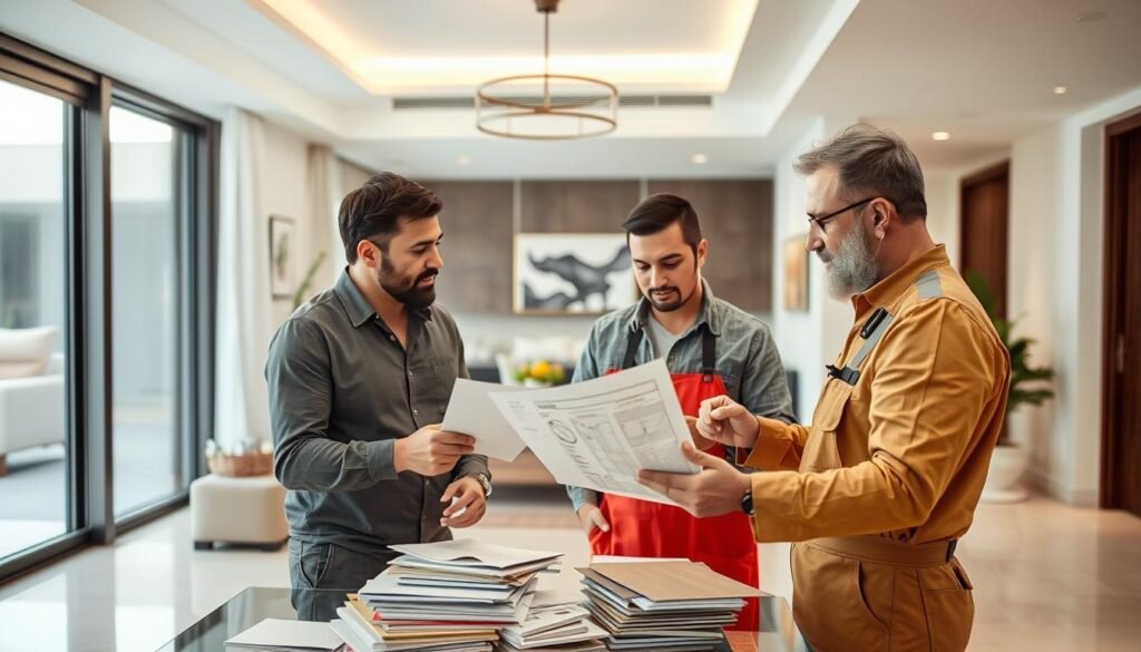 اجتماع بين مالك منزل ومقاول ترميم لمناقشة تفاصيل المشروع