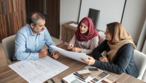 اجتماع بين مالك منزل ومقاول ترميم محترف في السالمية لمناقشة تفاصيل المشروع اجتماع بين مالك منزل ومقاول ترميم محترف في السالمية لمناقشة تفاصيل المشروع