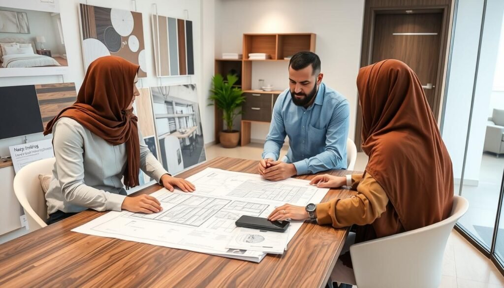 اجتماع بين مقاول تشطيب وعميل لمناقشة تفاصيل المشروع