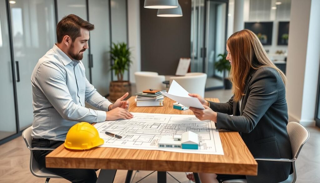 اجتماع بين مقاول عام وعميل لمناقشة تفاصيل مشروع مقاولات عامة