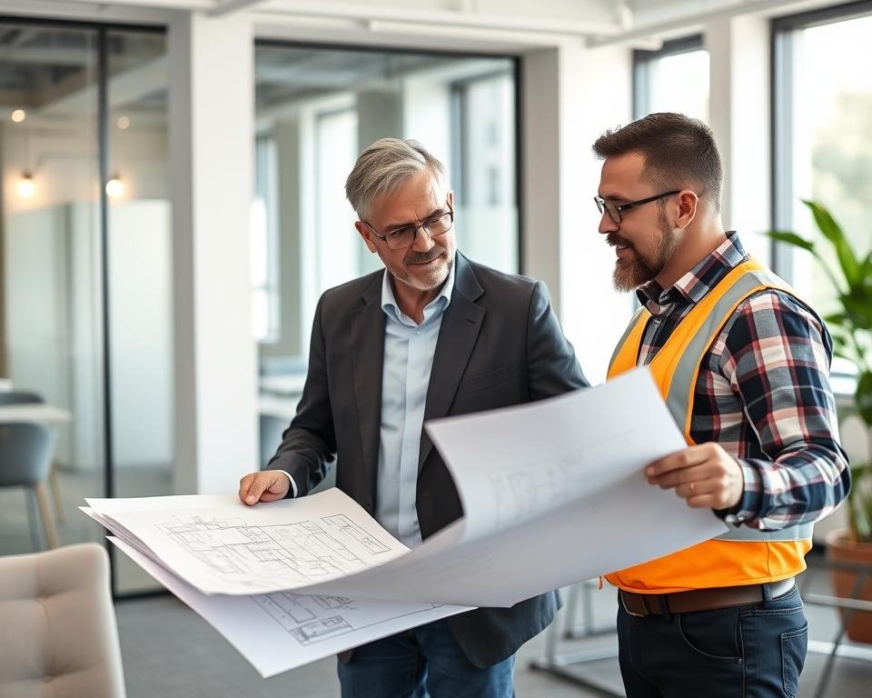 اجتماع بين مقاول عام ومالك مشروع يناقشان مخططات البناء