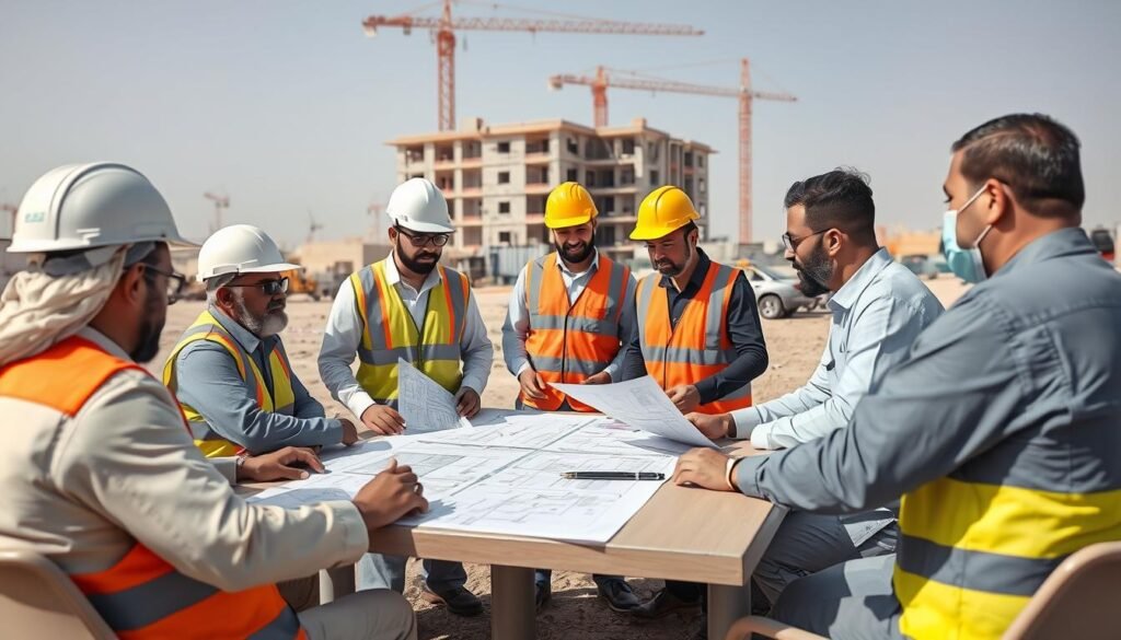 اجتماع لحل مشكلات في موقع بناء كويتي بين المهندسين والمقاولين