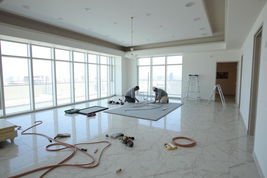 تركيب أرضيات جديدة في مبنى بمنطقة حولي