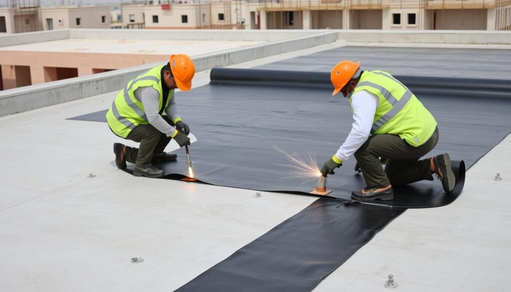 تركيب عزل الأغشية على سطح جديد في منطقة عبدالله المبارك بواسطة مقاول عزل أسطح محترف