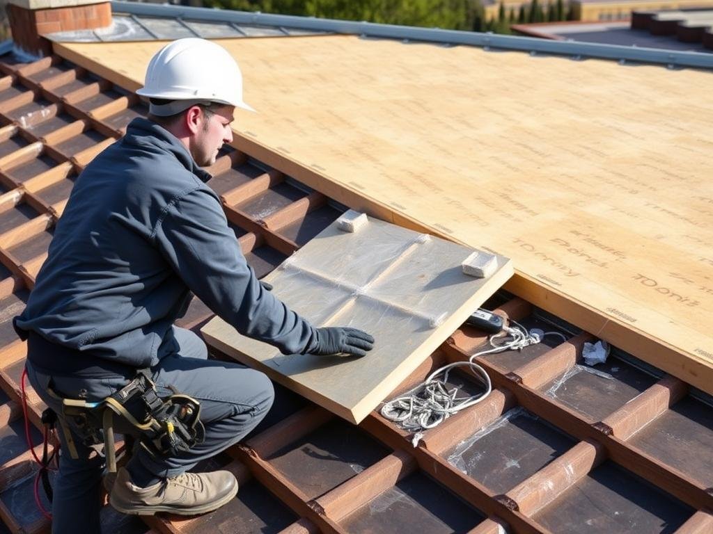 تركيب مواد العزل الحراري على سطح مبنى من قبل مقاول عازل اسطح