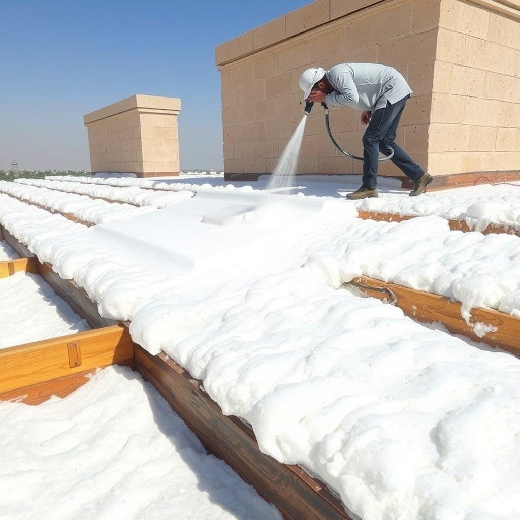 تطبيق عازل حراري فوم على سطح في المهبولة