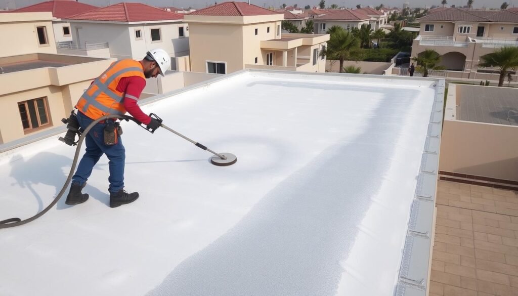 تطبيق عزل الفوم على سطح منزل في منطقة عبدالله المبارك من قبل مقاول عزل أسطح متخصص