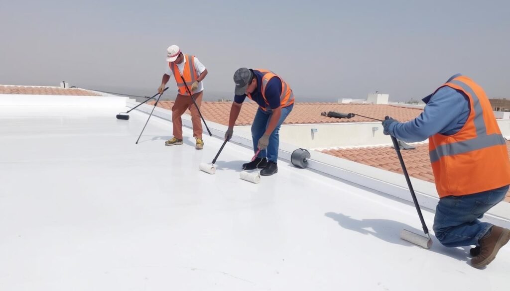 تطبيق عزل جيتاروف على سطح مبلط في منطقة عبدالله المبارك بواسطة مقاول عزل أسطح محترف