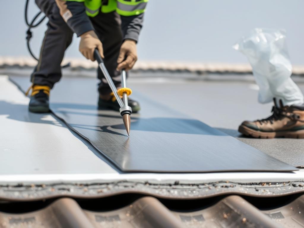 تطبيق مواد العزل المائي على سطح مبنى في الفنطاس