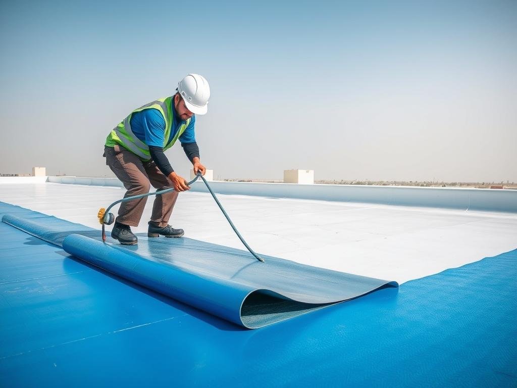 تطبيق مواد العزل المائي على سطح مبنى في الكويت بواسطة مقاول عزل أسطح