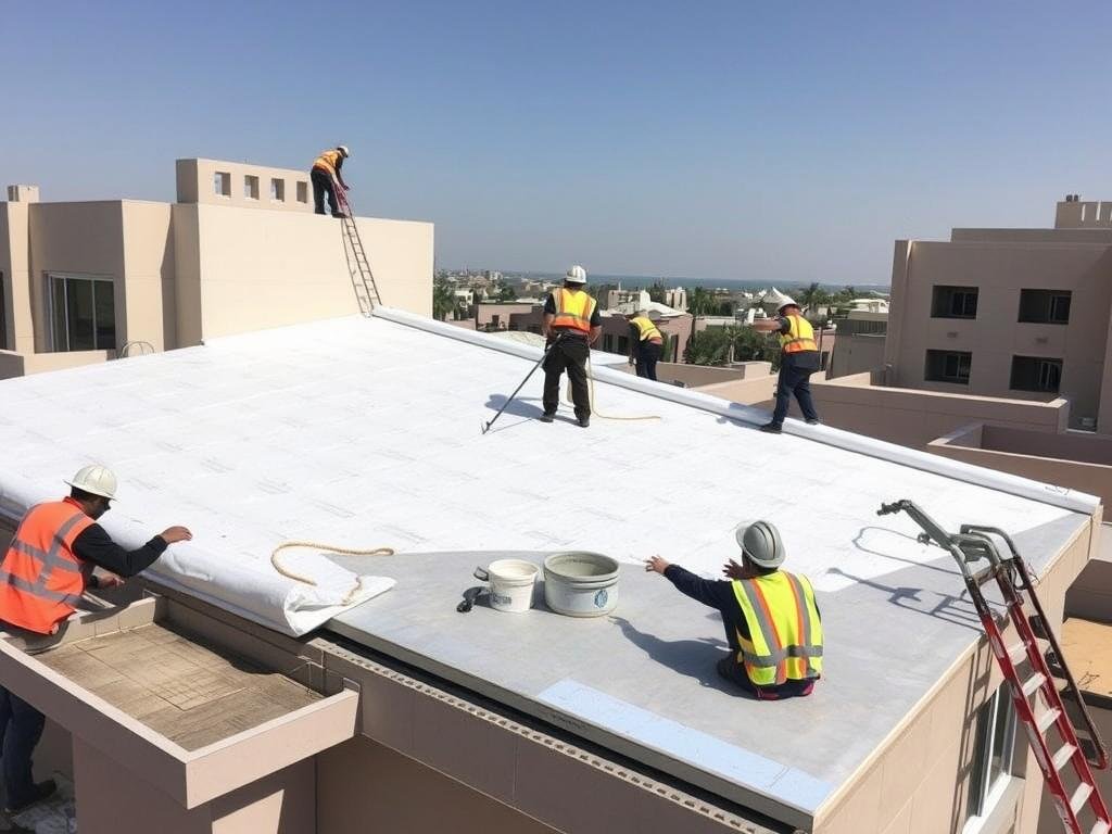 تطبيق مواد العزل على سطح منزل في منطقة الفنطاس