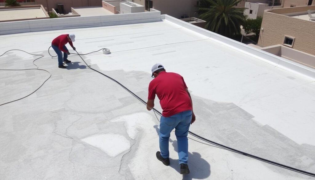 تنظيف وتجهيز سطح مبنى في المهبولة قبل تطبيق العازل