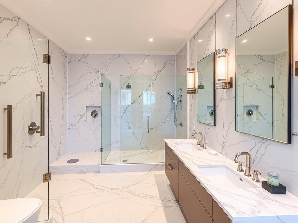 حمام رئيسي في فيلا بكيفان بعد الترميم يظهر الرخام الفاخر والتجهيزات الحديثة