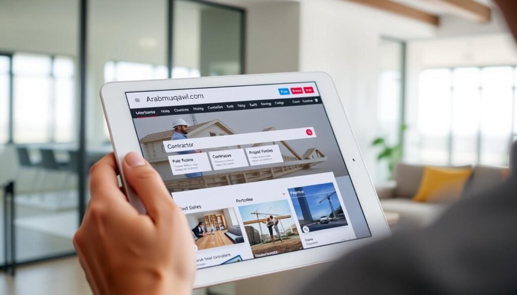 شخص يتصفح موقع arabmuqawl.com على جهاز كمبيوتر لوحي للبحث عن مقاول بناء